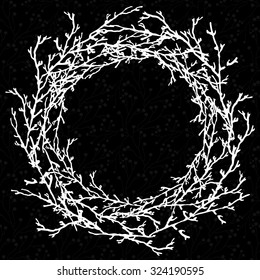 Vector illustration of wreath. Frame, circle of branches, twigs. Hand drawn elements for greeting cards, posters, invitations, menu, paper, textiles, clothes, web design. Seamless floral pattern.