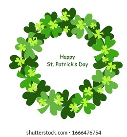 Vector illustration of a wreath with green leaves of clover isolated on a white background. Frame, good for St. Patrick's Day or spring design.