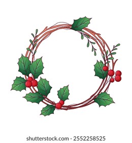 Vector illustration of wreath with holly leaves and berries on twigs. Winter frame for Christmas, New year decoration invitation cards, postcards and posters, banners. Place for text.