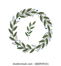 Vector illustration wreath with leaves, berries. Round frame from botanical elements. Floral wreaths with leaves, berries for design and decoration cards, posters, invitations