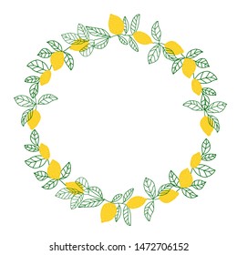 Vector illustration  with wreath of   lemon. Color  lemon  with line leaves on white background. Design for postcard, invitation