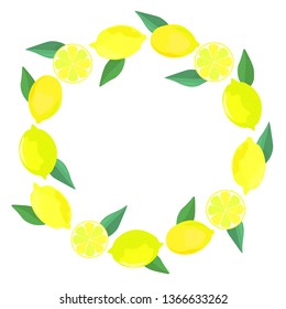 Vector illustration. Wreath with lemons, lemon slices and green leaves. White background. 