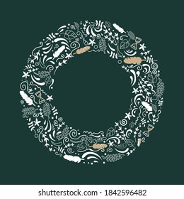 Ilustración vectorial Wreath hecho de pequeños patrones sobre fondo verde oscuro