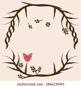 Vector illustration of a wreath made with tree branches, leaves and a heart. Invitation frame.