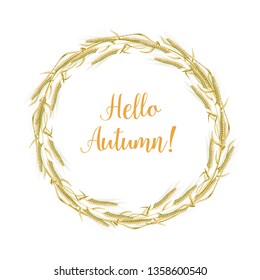 Vector illustration of a wreath made of wheat spikelets isolated on a white background with space for text.