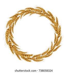 Vector illustration of a wreath made of wheat spikelets isolated on a white background with space for text.. Template, seal, design element.