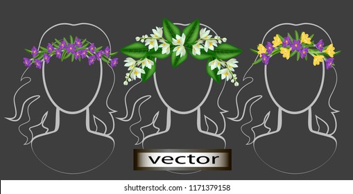 Vector illustration of a wreath on the head of wild flowers bright, spring flowers of orange and crocuses as decoration in folk ECO-style