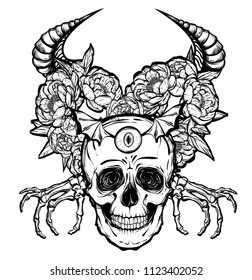 Vector illustration. wreath of peony flowers, eyes, horns, skull, mysticism, tattoos. Handmade, prints on T-shirts. background white