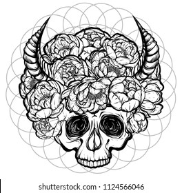 Vector illustration. wreath of peony flowers, eyes, horns, skull, mysticism, tattoos, prints on T-shirts. background white. Handmade