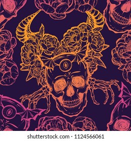Vector illustration. wreath of peony flowers, eyes, horns, skull, mysticism, tattoos. Handmade, prints on T-shirts. seamless pattern, purple background, yellow pink color