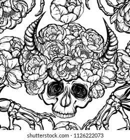 Vector illustration. wreath of peony flowers, eyes, horns, skull, mysticism, prints on T-shirts. background white. Handmade. seamless pattern, light background