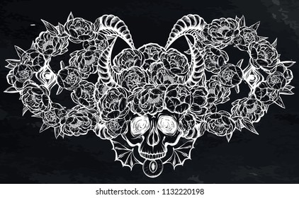 Vector illustration. wreath of peony flowers, eyes, horns, skull, mysticism, tattoos. Handmade, prints on T-shirts. background chalkboard