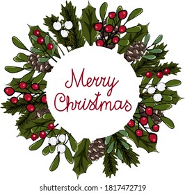 Vector illustration wreath with red and white berries, fir and holly branches, pine cone. Round frame Merry Christmas for cards and winter design.