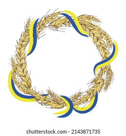 Vector illustration of a wreath of spikelets of wheat with the Ukrainian flag isolated on a white background with space for your text.Cartoon illustration round frame made of cereals
