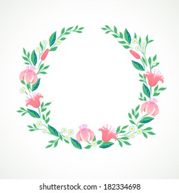 Vector illustration of a wreath of spring and summer flowers: Lilies and forget me nots and is perfect for a wedding invitation card, web banner of spring promotion sale, soap package, thank you note