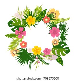 Vector illustration of a wreath of tropical leaves, exotic grass and flowers on a white background, isolated