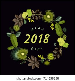 Vector illustration of a wreath of tropical plants inside a calendar year 2018 new year on a black background