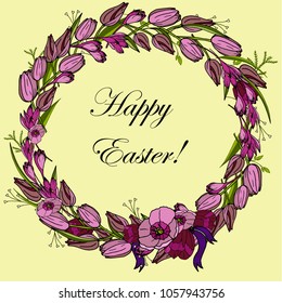vector illustration of a wreath with tulips and spring flowers with a congratulatory inscription Happy Easter