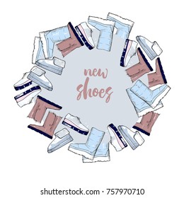 Vector illustration of wreath with winter shoes for woman and lady. Stylized shoe, footwear with lettering text.
