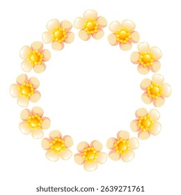 Vector illustration, a wreath of yellow strawberry flowers with white petals forming a round frame on a white background. Light, delicate shades.