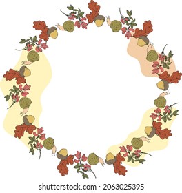ilustración vectorial wreath, cuadro, caracoles, hoja de roble, rama de barbero con frutas, manchas claras, para postal, tarjeta o invitación