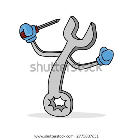Vector illustration of a wrench character holding a red screwdriver. Suitable for automotive content, especially vehicle repair shops.