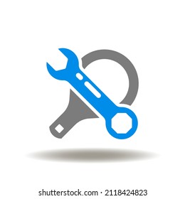 Vector illustration of wrench with magnifying glass. Icon of repair control. Symbol of search and fix. Maintenance service sign.