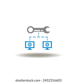 Vector illustration of wrench and network of computers with gears. Icon of FSM Field Service Management. Symbol of repair, fix, maintenance computer software service.