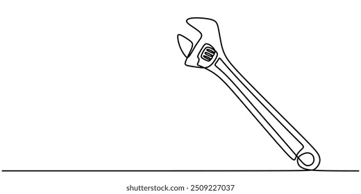 Vector illustration of a wrench rendered with a single continuous line. Highlights the tool's essential features in a minimalist fashion.