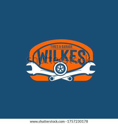 vector illustration of wrench and tire with geometric frame isolated on dark background good for tires shop, car service or garage logo