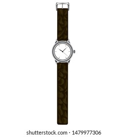 Vector illustration of a wristwatch with brown leather strap.