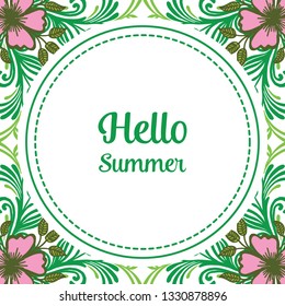 Vector illustration write hello summer with green leaves flower frame hand drawn