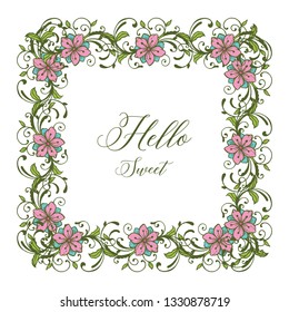 Vector illustration write hello sweet with white backdrop flower frame hand drawn