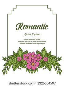 Vector illustration write a invitation romantic with pink flower frames and green leaves that bloom hand drawn