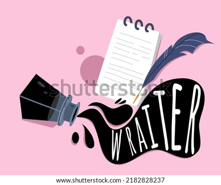 Vector illustration of the writer. Inkwell, pen and notepad. The concept of a writer of novels and articles.