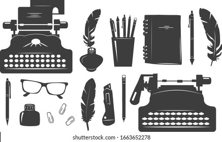 Vector illustration of writer supplies icons set. Typewriter, ink, glasses, writing feather, pen, pencil, notebook or diary, stationery set. Simple silhouette outline icons. Vintage hand drawn style.