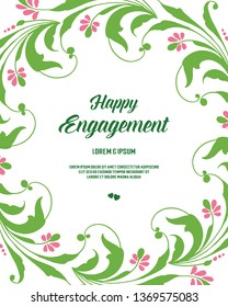 Vector illustration writing of happy engagement with ornate of floral frame hand drawn