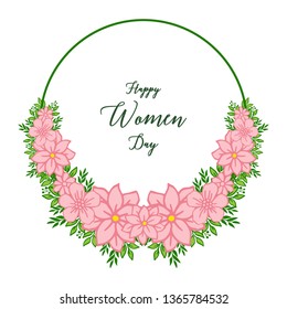 Vector illustration writing happy women day with various crowd of pink flower frame hand drawn