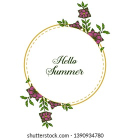 Vector illustration writing hello summer with purple flower frames isolated on white backdrop