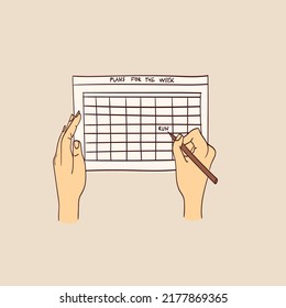 vector illustration of writing in a notebook and planning in a simple hand-drawn style