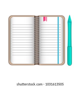 vector illustration of writing pad notepad pad with bookmarks in brown cover with emerald color pen on white background.