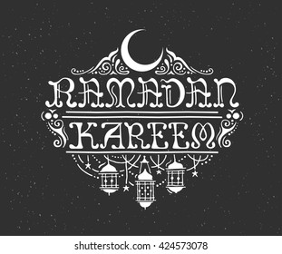 Vector illustration with writing Ramadan Kareem - muslim holiday celebration - white on black background