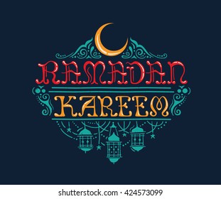 Vector illustration with writing Ramadan Kareem - muslim holiday celebration - blue background