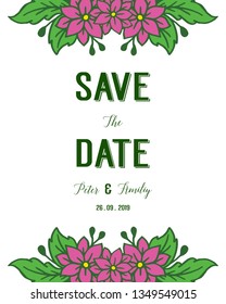 Vector illustration writing save the date with various crowd green leafy flower frame