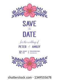 Vector illustration writing save the date with elegant purple leaf floral frame hand drawn