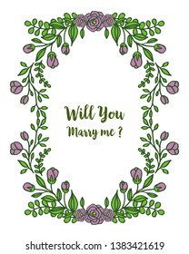 Vector illustration writing will you marry me for ornate of purple wreath frames