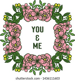 Vector illustration writing you and me for crowd of leaf wreath frames