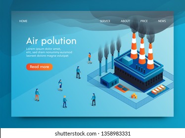 Vector Illustration Is Written Air Polution 3d. Factory Pipes Harmful Substances In Form Smoke. Pollutes Air City And Impairs Health Its Inhabitants. Increased Levels Hazardous Substances In Air.