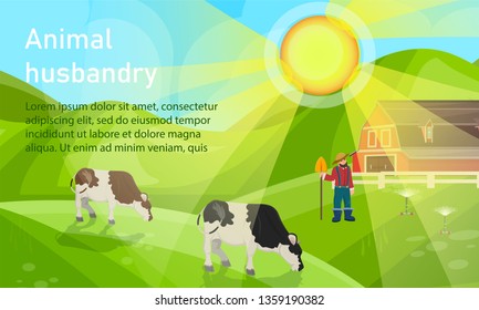 Vector Illustration is Written Animal Husbandry. Morning on Farm. Agriculture and Farm with Cows. Male Farmer Working in Field. Modern Animal Husbandry with use Process Automation.