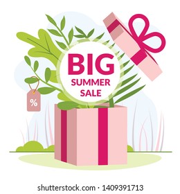 Vector Illustration is Written Big Summer Sale. Favorable Conditions for  Acquisition Goods on Sale. Closeup Big Gift Box. Layout Color Paper Card. Nice Discounts on Large Home Appliances.